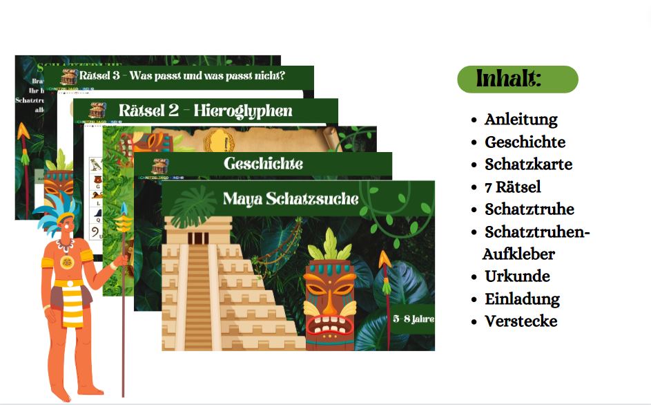 Fertige Maya Schnitzeljagd PDF ausdrucken – Abenteuerliche Geburtstagsparty-Ideen für 7-jährige Kinder 🎉🏛️