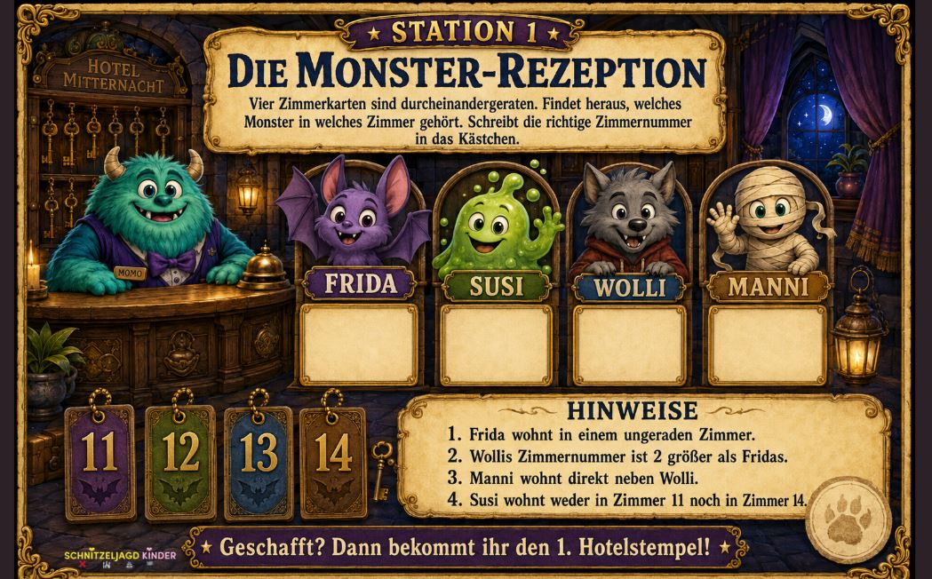Monsterhotel-Schatzsuche für Kinder – Halloween-PDF
