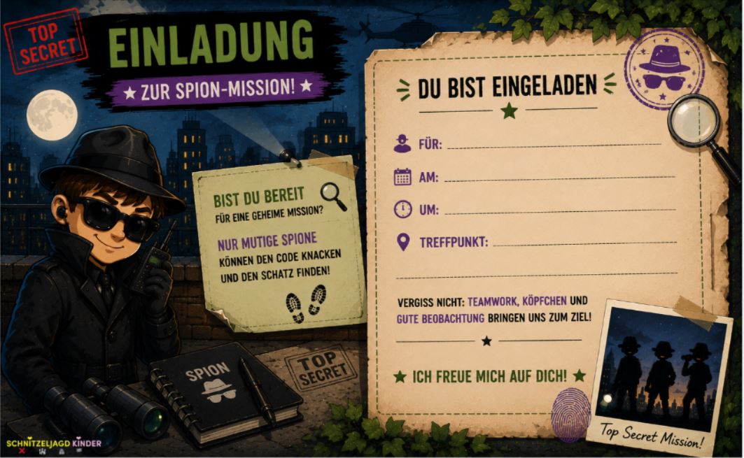 Spion Schnitzeljagd für Kinder – Geheime Mission für kleine Agenten
