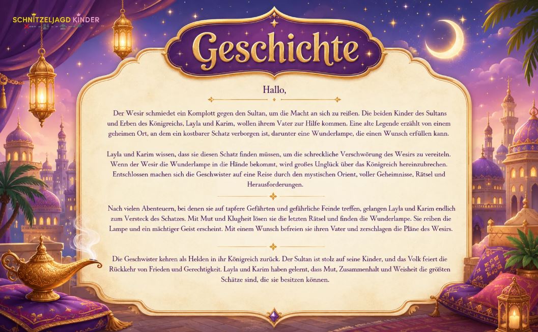 Orient Schatzsuche „Die Wunderlampe" zum Ausdrucken – Schnitzeljagd Kinder 5-9 Jahre PDF