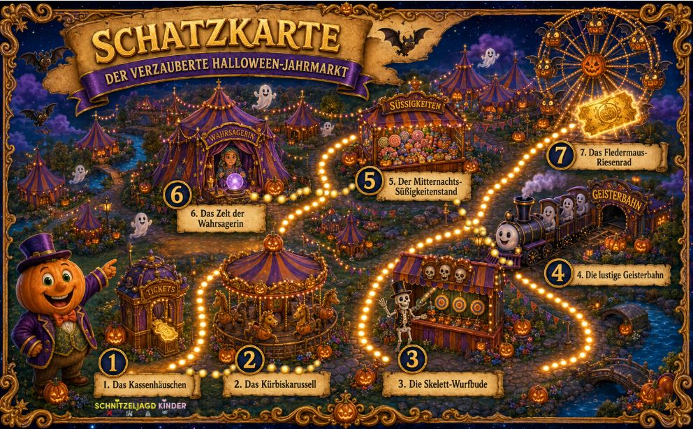 Halloween-Jahrmarkt – Schatzsuche zum Ausdrucken