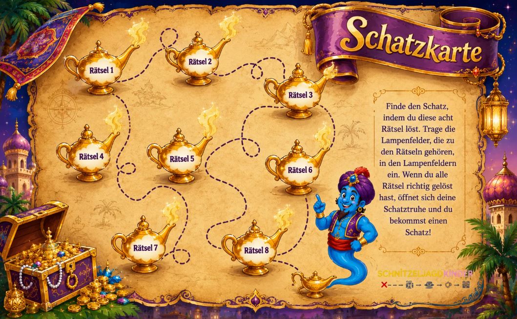 Orient Schatzsuche „Die Wunderlampe" zum Ausdrucken – Schnitzeljagd Kinder 5-9 Jahre PDF