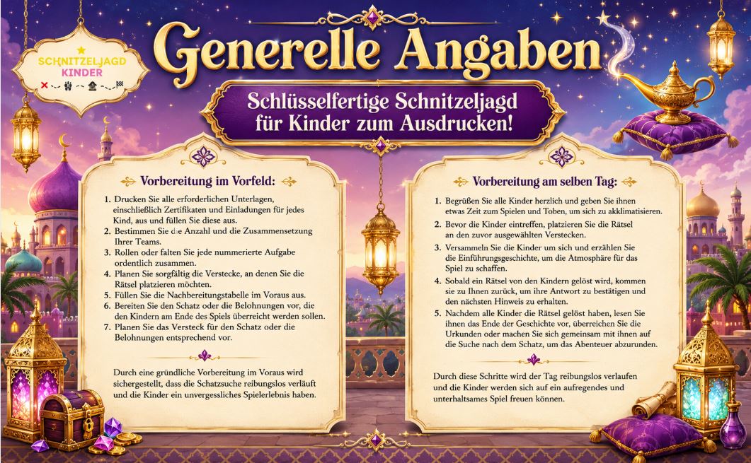 Orient Schatzsuche „Die Wunderlampe" zum Ausdrucken – Schnitzeljagd Kinder 5-9 Jahre PDF
