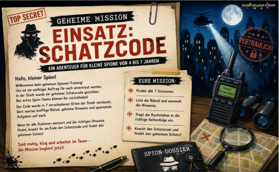 Spion Schnitzeljagd für Kinder – Geheime Mission für kleine Agenten