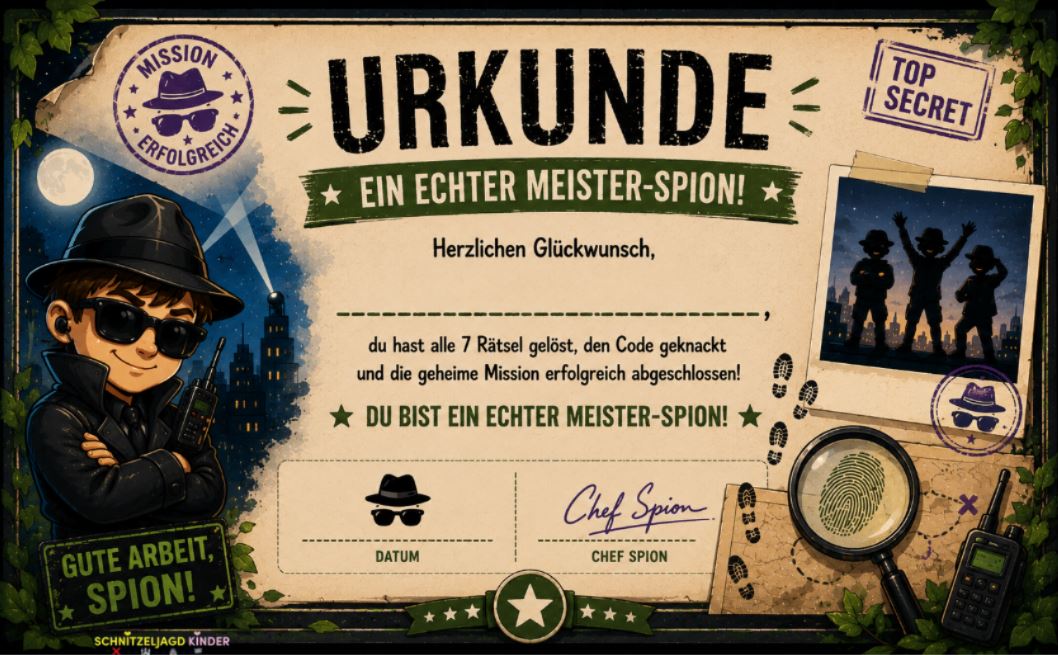 Spion Schnitzeljagd für Kinder – Geheime Mission für kleine Agenten